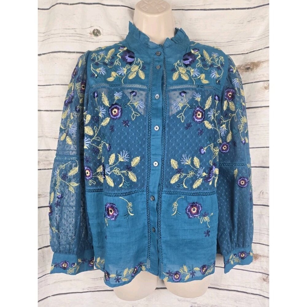Sundance Teal Embroidered Top PM Lace Pleated Ramie Women Button Up Ruffle